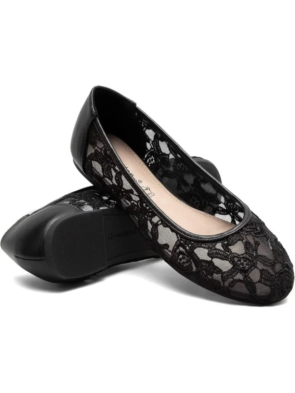 Women's Black Lace Ballerina Flats Round Toe Slip on Floral Casual Dressy Shoes